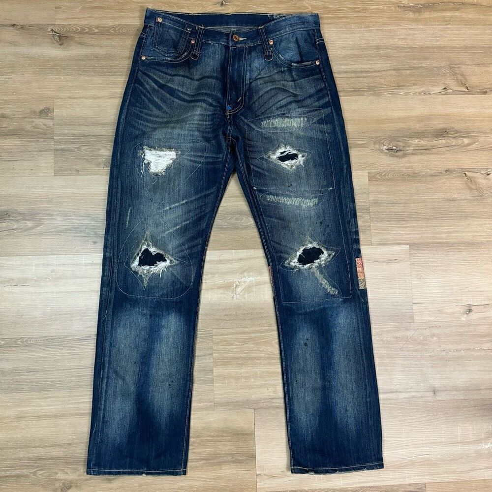 Dynasty Men's 32 Distressed Straight Leg Jeans Artsy Asian Inspired Streetwear